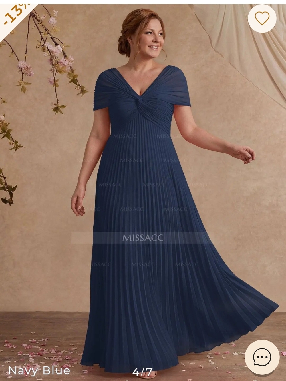 Navy Blue Pleated V-Neck Evening Dress for Women
